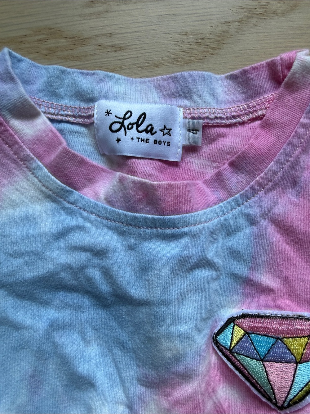 Lola + The Boys Pink and Light Blue Tie-Dye Ruffle Dress with Diamond Patch - Picture 3 of 6